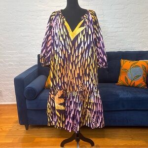 Suakoko Betty V-Neck Midi Dress in Purple and Yellow Batik Fabric